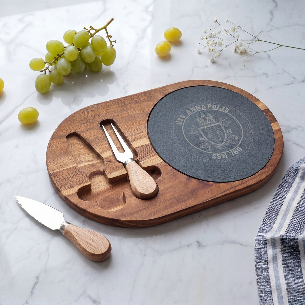Engraved Acacia Charcuterie Board with Slate Insert & Cheese Tools