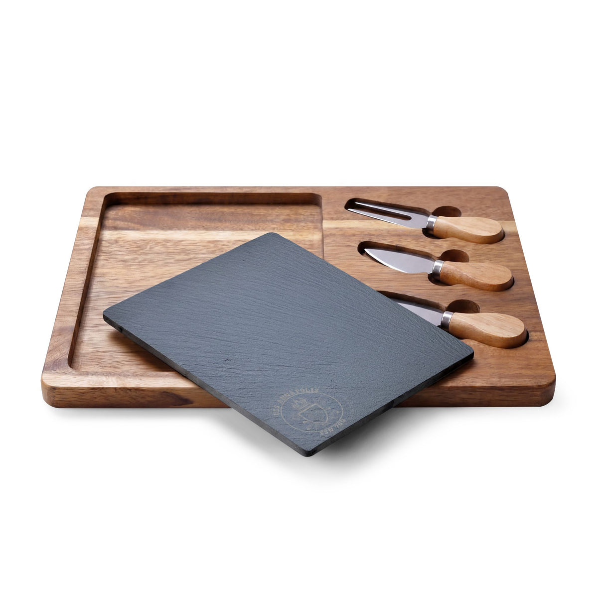 Engraved Acacia Charcuterie Board with Slate Insert & Cheese Tools