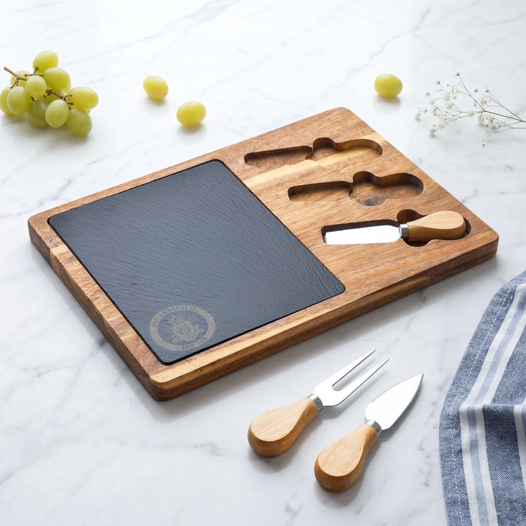 Engraved Acacia Charcuterie Board with Slate Insert & Cheese Tools